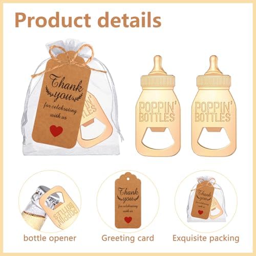 50Pcs Popping Bottle Openers Baby Shower Party Favors For Guests Baby Shower Return Favors Baby Bottle Shaped Bottle Opener Baby Shower Souvenirs With Organza Bags Thank You Cards, small, Gold - Image 3