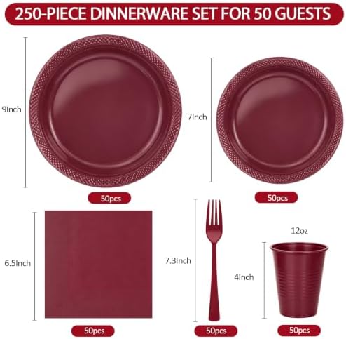 250Pcs Burgundy Plastic Party Plates and Napkins Set for Christmas,Birthday - Image 2