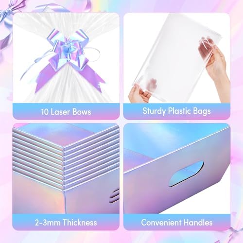 AFOROEOA 10 Pack Iridescent Baskets For Gifts Empty, 10x8 Thick Paper Basket with 10 Clear Bags and 10 Pull Bows, Holographic Bulk Empty Gift Baskets to Fill for Large Weddings Parties - Image 4