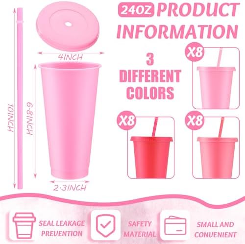 Skylety 24 Pcs Hot Pink Plastic Cups with Lids and Straws 24 oz - Image 2