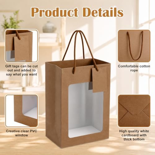 80 Pcs 9.8 x 5.1 x 7.1 in Brown Kraft Paper Gift Bags with Window & Handles - Image 3