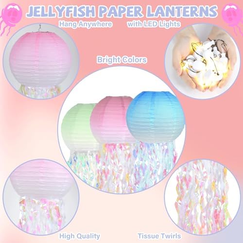 12Set 10" LED Jelly Fish Paper Lanterns 8 Color Jellyfish Mermaid Party Decor Pink Pastel Hanging Jellyfish Mermaid Decor Under The Sea Paper Lantern Lamp for Ocean Birthday Girl Baby Shower Baby Room - Image 3