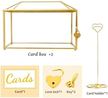 Glass Wedding Card Box with Lock, 12.6x5.9x9 inches Large Gold Card Boxes for Wedding Reception, Keepsake Display, Graduation, Party Centerpiece Decorative Box - Image 7