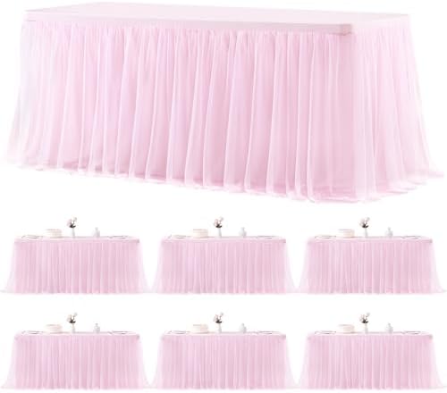 6 Pack Pink Tablecloths for 6 Foot Rectangle Tables Tulle Tablecloth Fitted Pink Table Cloth Rectangle 6ft Stretch Spandex Table Covers for Baby Shower Girls Birthday Party Banquet Desk Tables Skirt by HBBMAGIC
