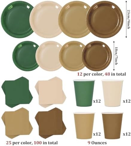 Whaline 244Pcs Woodland Tableware Set Serves 48 Sage Green Brown Disposable Dinnerware 48 9" Plates 48 7" Plate 48 9oz Cups 100 Napkins for Baby Shower Forest Party Supplies - Image 2