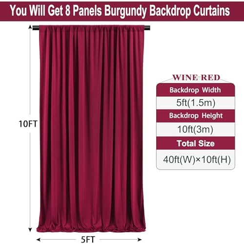 40ft×10ft Wrinkle Free Burgundy Backdrop Curtain for Parties, 8 Panels 5×10ft Soft Silky Polyester Wine Red Photo Backdrop Drapes for Wedding Birthday Christmas Photography Back Drop Cloth - Image 3