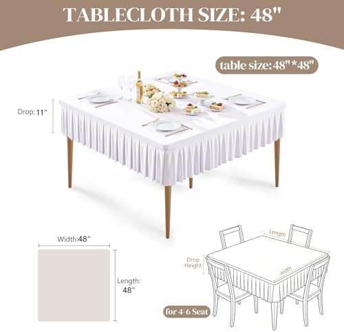 2 Pack White Spandex Tablecloths for 48x48 Inch Square Tables, Stretch Fitted Table Clothes with Pleated Ruffle Skirt for 48” Table, Wrinkle Free and Elastic, for Party Kitchen Home Dining Outdoor - Image 2