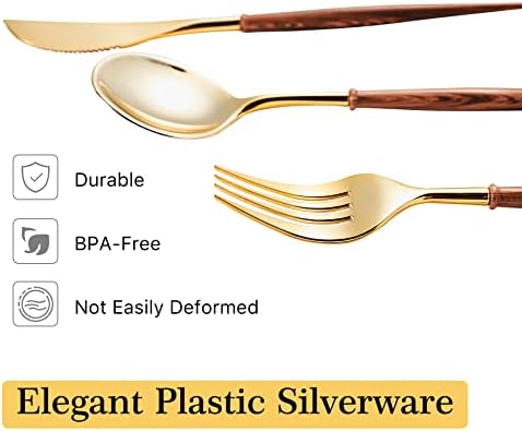 Lullaby 240PCS High End Gold Plastic Silverware with Wood Grain Handle - Image 3