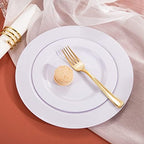U-QE 150PCS White Plastic Plates with Gold Cutlery - Include 60 Dinner and Dessert Plates, 30 Forks, 30 Knives, 30 Spoons, Ideal for Wedding and Party - Image 3