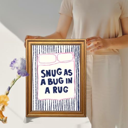 Snug As A Bug In A Rug Wall Art Cute Kids Quote Wall Decor Picture Preppy Pink Blue Striped Nursery Sign Poster Canvas Painting Print for Bedroom Playroom 12x16 inch Gold Framed - Image 4