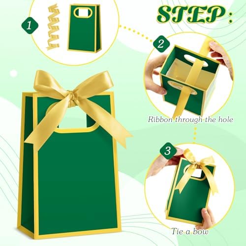 AmazingSpark 50 Pcs Green Gold Mini Gift Bags Bulk 6.3 x 3.9 x 2.8 Inch Party Favors Elegant Small Gift Bags with Handles and Ribbon Bows for Wedding Birthday Bridal Baby Shower Party Favors - Image 5