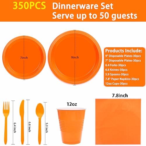 MirthMood 350PCS Orange Plastic Plates,Orange Disposable Plates Set - Image 2