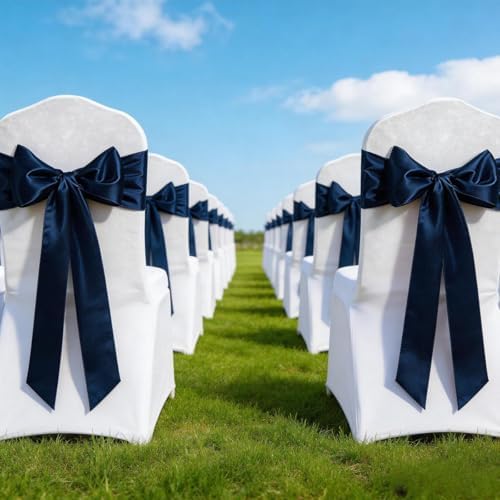 Navy Blue Chair Sashes 50 Pack Universal Satin Ribbon Knots Navy Blue Chair Bows for Party Wedding Reception Ceremony Baby Shower Banquet Decor - Image 4