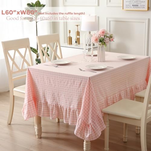 Blush White Gingham Ruffle Tablecloth Square 60"x60" - Image 2