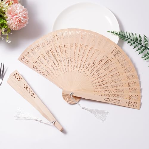 Sepwedd 50 Set Sandalwood Fan Wooden Hand Fan Baby Shower Party Favors with Organza Bags and Tassels Wooden Folding Fan - Image 4