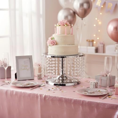Cake Stand for Dessert Table 12 Inch Silver Crystal Pendants Metal Cake Stand Serves as A Round Dessert Cupcake Display Plate for Table, Wedding, Party, Event - Image 2