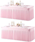 Pink Table Cloth for 8 Foot Rectangle Tables Fitted Stretch Spandex Table Cover with Skirt 8ft Baby Shower Birthday Party Banquet Ruffle Baby Pink Tablecloth Wedding Table Cloths Desk Skirt, 2 Pack by LittleFunny