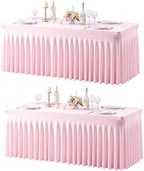 Pink Table Cloth for 8 Foot Rectangle Tables Fitted Stretch Spandex Table Cover with Skirt 8ft Baby Shower Birthday Party Banquet Ruffle Baby Pink Tablecloth Wedding Table Cloths Desk Skirt, 2 Pack by LittleFunny