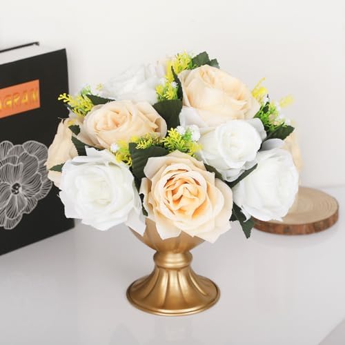 10Pcs Artificial Flower Ball Arrangement, 15 Flower Heads Wedding Roses Bouquet with Base Suitable for Parties Valentine's Day Wedding Centerpieces and Home Decor (Champagne & White) - Image 4