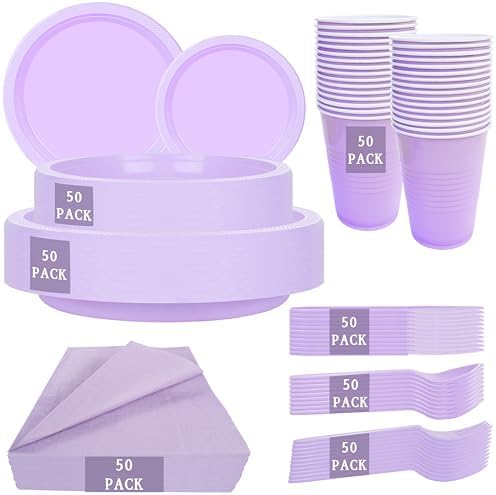 MirthMood 350PCS Plastic Lavender Plates,Lavender Disposable Plates Set by LUODA