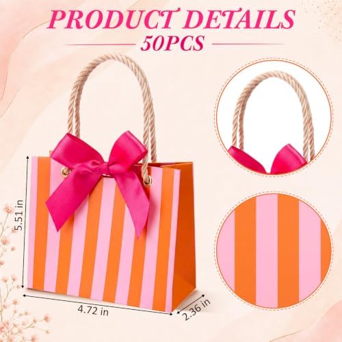 FunooFuno 50 Pack Orange Stripe Gift Bags with Pink Bows, 5.5 inches - Image 2