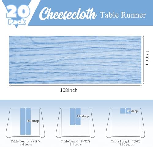 20 Pack Light Blue Table Runner 17 x 108inch Cheesecloth Table Runner Rustic Boho Gauze Sheer Fabric Cheese Cloth Table Runners for Wedding Party Bridal Baby Shower Birthday Spring Table Decor - Image 3