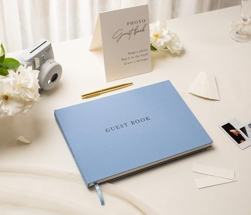 Real Linen Guest Book Set - 11.5 x 8.5 Embossed Guestbook for Weddings, Showers, Events, Blank & Lined, Comes with Sign, Pen, Box and Photo Sleeves, 120 Pages (Light Blue) - Image 2