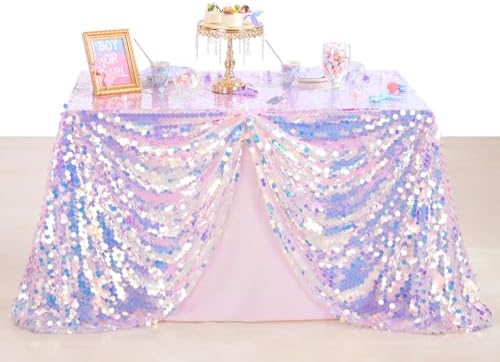QueenDream Pink Sequin Tablecloth Mermaid Party: Big Payette Glitter Iridescent Fabric - 51x106 Inch Rectangle for Girls Birthday Cake Table Decorations - Image 4