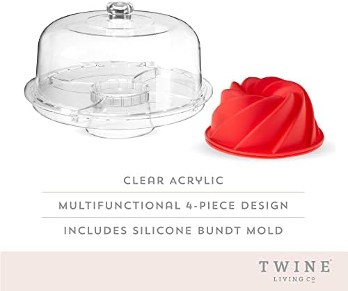 Twine Multi-Functional Acrylic Server with Bundt Cake Mold, Dessert Serving Platter Set, Cake Pan, Cake Stand, Clear Acrylic, Silicone, 4-Piece Set - Image 2