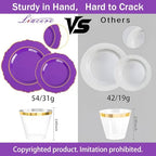 Liacere 350PCS Purple Plastic Plates-Disposable Purple and Gold Plates 50 guest Baroque Plastic Dinnerware include 100Plates,50Pack Pre Rolled Napkins with Silverware 50Cups for Party & Halloween - Image 6