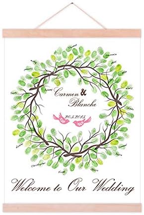 Fingerprint Wedding Tree Lovebirds Canvas Personalized Wedding Guest Book with Wooden Hanger for Party Decorations Engagement Anniversary Gift-60x80cm by Unknown