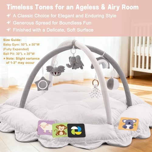 5-in-1 Baby Activity Gym & Play Mat with 6 Hanging Toys, Tummy Time Mat & Cards - Extra Large, Reversible Machine Washable Pad - Gift for Newborns, Infants 0-12 Months, Grey - Image 5