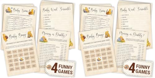 WOODAMORE Winnie Baby Shower Games Boy - Pooh Baby Shower Bingo Cards for 25 Guests, Word Scramble Favors, Guess Who Mommy Or Daddy Game Ideas for Party Decorations (Pack of 2) by Woodamore