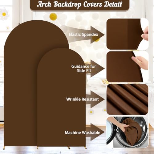 2 Set-7.2FT, 6FT Brown Arch Backdrop Cover,Spandex Fitted Wedding Arch Stand Covers Round Top Chiara Arch Backdrop Stands Cover for Birthday Party Banquet Photo Background Decoration - Image 2