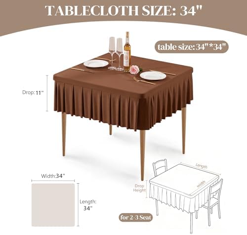 Wish Care 2 Pack Brown Spandex Tablecloths for 34x34 Inch Square Tables, Stretch Fitted Table Clothes with Pleated Ruffle Skirt for 34” Table, Wrinkle Free and Elastic, for Party Kitchen Home Dining - Image 4