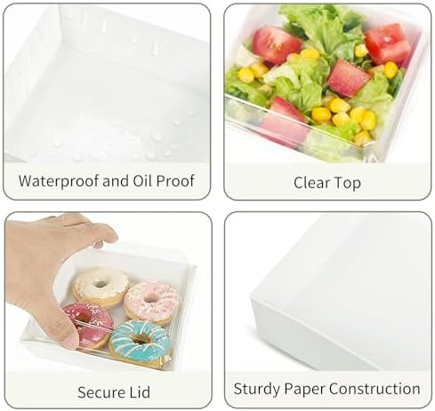 100 Pack Small Charcuterie Boxes with Clear Lids, 5.4 Inch To Go Paper Mini Food Containers, Disposable Dessert Bakery Boxes+100 Plastic Forks+100 Cupcake Liners for Cookie, Cake Slice, Sushi, White - Image 4