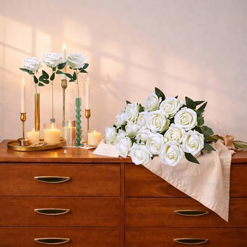 HyeFlora 50 PCS Ivory Roses Artificial Flowers, Fake Roses with Stem Realistic Silk Roses for DIY Wedding Bouquets Tables Centerpieces Arrangements Baby Shower Party Birthday Home Decor for Her - Image 6