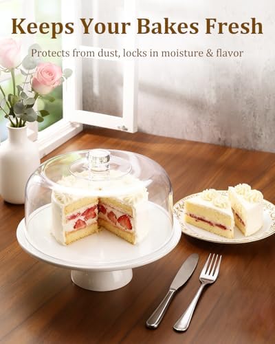 12 Inch Porcelain Cake Stand with Acrylic Dome Lid, White Pedestal - Image 4