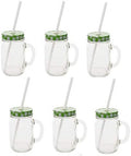 Sunshine Mason Co. Glass Mason Jar Drinking Mug set with handle, Green Gingham lids and White Straws, Set of 6 by Sunshine+Mason+Co.