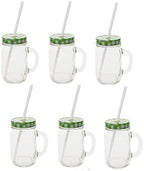 Sunshine Mason Co. Glass Mason Jar Drinking Mug set with handle, Green Gingham lids and White Straws, Set of 6 by Sunshine+Mason+Co.