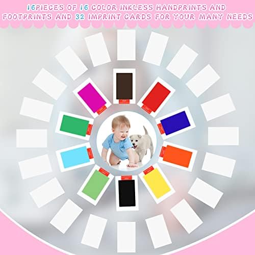 48 Pcs Inkless Baby Footprint Kit Includes 16 Pcs Colorful Ink Pad and 32 Imprint Card for Baby Hand and Footprints, Handprint Dog Paw Print Kit for Newborn Registry Gifts Family Printing Mom Girl - Image 3