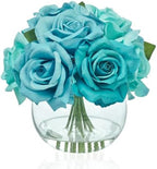 WELL KNOWN Artificial Rose Flowers with Glass Vase, Teal Blue Flower Decor by WELLKNOWN