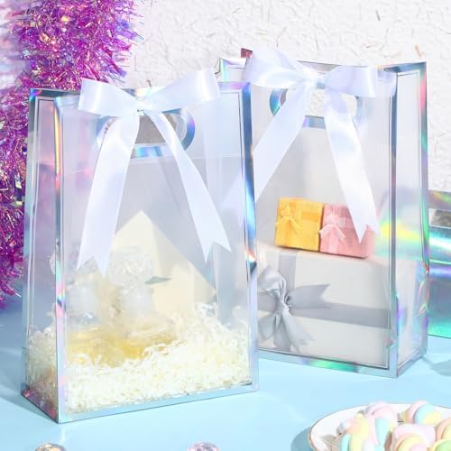 Aliceset 24 Pcs Clear Plastic Gift Bag with Handles,Iridescent Border - Image 4