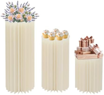 3Pcs Cylinder Stands for Party, Set of 3 Foldable Cardboard Cylinder Stands, Round Display Pedestals, 66 lbs Load Capacity, White Paper & PVC Party Centerpiece for Wedding Birthday Garden Event Decor by Unknown