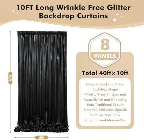 40ftx10ft Shimmer Black Sequin Backdrop Curtain for Parties, Thick Wrinkle Free Glitter Backdrop Drapes Photo Back Drop Curtains for Birthday Wedding Halloween Photography Background-8 Panels 5x10ft - Image 5