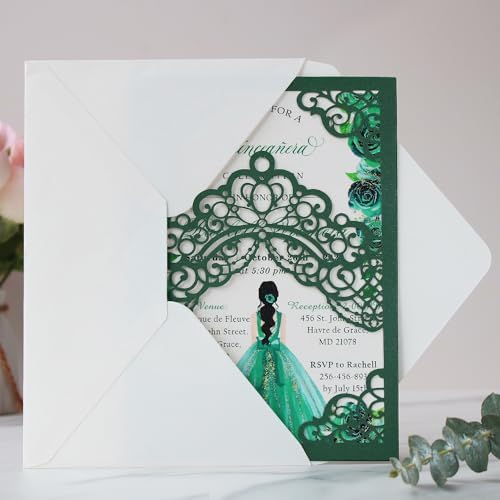 Hosmsua 50PCS Blank Emerald Green Crown Quinceanera Invitations with Envelopes, 5.1x7.3 Inch Laser Cut Floral Pocket Invitation Cards for Quinceanera Birthday Quince Anos Invite - Image 7