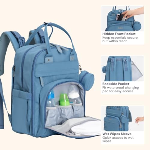 BabbleRoo Diaper Bag Backpack - Baby Essentials Travel Tote - Multi function Water Resistant Diaper Bag, Travel Essentials Baby Bag with Changing Pad, Stroller Straps & Pacifier Case - Light Blue - Image 6