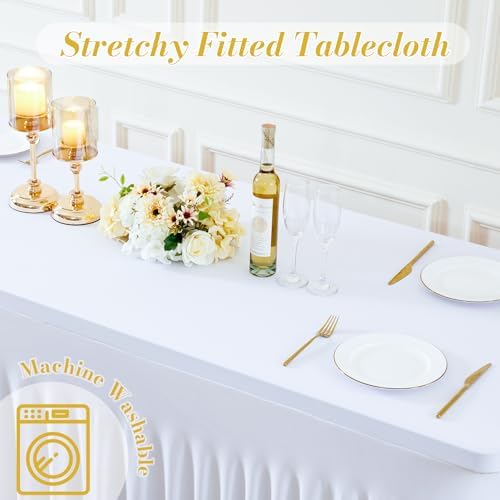 gogoparti 8 Pack Spandex White Fitted Table Cloth for 6ft Rectangle Tables White Stretch Tablecloth Table Covers Skirt Banquet Wrinkle Free Tablecloths for Parties Wedding - Image 7
