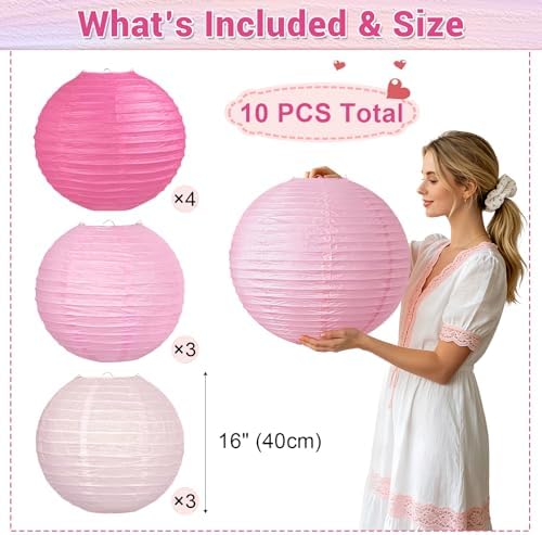 10Pcs 16 Inch Large Pink Paper Lanterns, Jumbo Hanging Party Decorations - Image 2