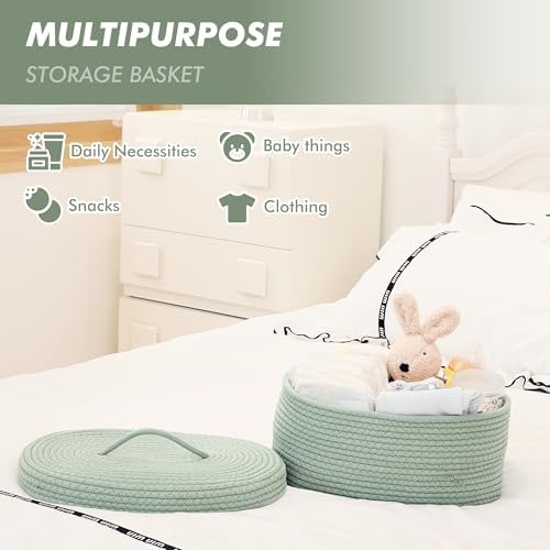 Sea Team Oval Storage Basket, Woven Cotton Rope Basket with Lid, Green - Image 2